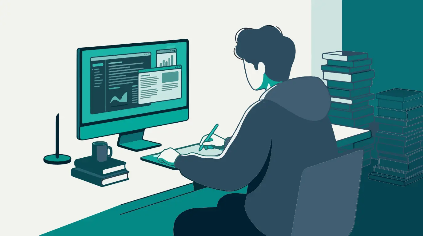 Student searching through textbooks