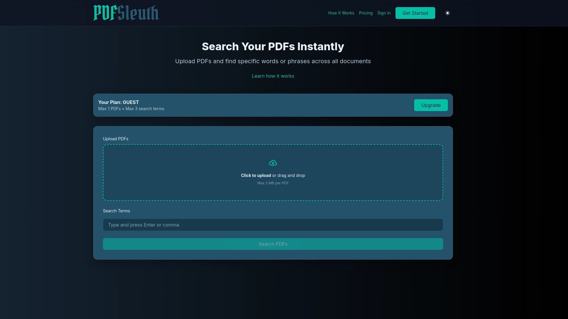 PDFSleuth upload interface demo